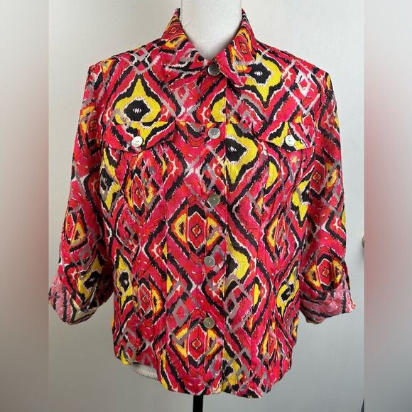 Ruby Rd Womens Red Yellow Brown 3/4 Roll Tab Sleeve Button Front Crop Shacket 14 - Picture 1 of 7
